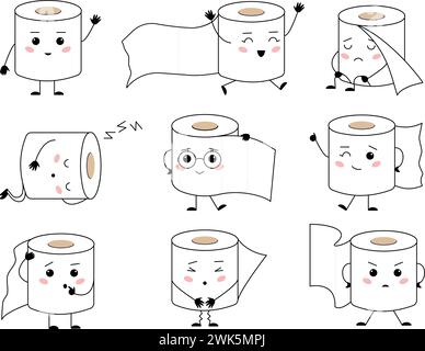 Toilettenpapierfiguren. Lustige Kawaii-Papierrollen mit verschiedenen Emotionen. Niedlicher Hygiene-Charakter, kindliche Erziehungsmaskottchen, anständiges Vektorset Stock Vektor
