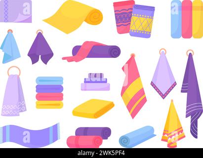 Isolierte, flache Handtücher. Cartoon Handtuch für Küche und Bad. Textilerzeugnisse für den Haushalt, Servietten und Taschentücher. Neoterische Vektorclipart Stock Vektor