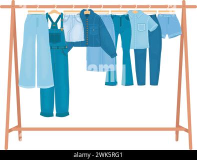 Denim-Kleidung am Kleiderbügel. Weibliche Garderobe, verschiedene jean-Klamotten hängen. Mode- oder Heimgarderobe-Element. Blaue Hose, Jacke und Rock eng anliegend Stock Vektor