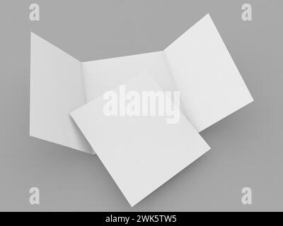 Öffnen Sie einen leeren, dreifach gefalteten Flyer und ein A4-Blatt-Modell auf grauem Hintergrund. 3D-Rendering-Abbildung. Stockfoto