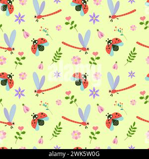Nahtloses Muster niedlicher Insekten umgeben von Frühlingsblumen. Kawaii-Charaktere im Cartoon-Stil, Marienkäfer und Libelle. Muster-Wickler Stock Vektor