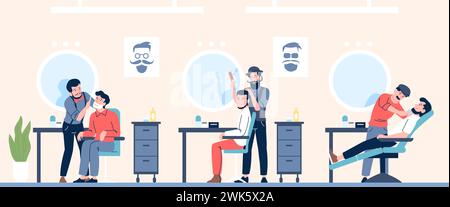 Männersalon. Männer im Friseurladen kümmern sich um Bärte und Haare. Professionelle Friseure bei der Arbeit, Friseur- und Rasierkunden. Letzte Vektorszene Stock Vektor