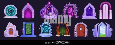 Magische Türen für Zeichentrickfilme. Zauberer Tor in geheimnisvoller Weltraum Dimension, Wand magische Märchen Holz Tür Raum Märchen Abenteuer Einladung, geniale Vektor Illustration der magischen Tür Portal Fantasie Stock Vektor