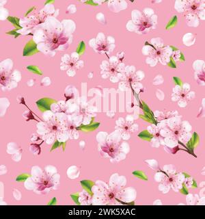 Realistisches Sakura-Muster. Japanische Blüte Kirsche Garten Zweige nahtlose Textur, rosa Blumen Frühling ostertapete Textildruck, florale genaue Vektor-Illustration der Sakura Hintergrund Kirsche Stock Vektor