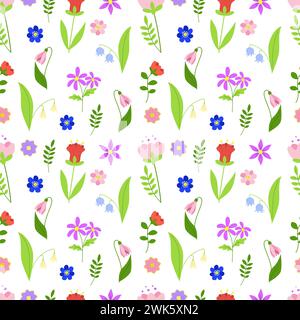 Nahtloses Muster von Frühlingsblumen, Blumenzweigen und grünen Blättern. Mehrfarbige blühende botanische Ornamente. Flacher Vektor auf weißem Hintergrund Stock Vektor