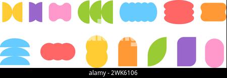 Set aus abstrakten Formen im trendigen brutalistischen Stil. Einfache geometrische Symbole. Moderne, minimalistische Symbole. Ästhetische futuristische Ornamente. Primitive zeitgenössische Figuren. Illustration der Vektorabwicklung. Stock Vektor