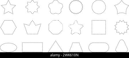 Set aus geometrischen Formen mit gestrichelten Linien. Gepunkteter Kreis, Quadrat, Rechteck, oval, Stern, Krone- und Dreiecksfiguren isoliert auf weißem Hintergrund. Piktogramme hier ausschneiden. Vektorkontur, Abbildung. Stock Vektor