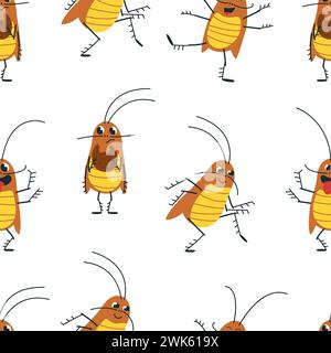 Nahtloses Muster für Cartoon-Kakerlake. Kakerlaken mit verschiedenen Emotionen, dekoratives Stoffmuster. Lustige Insekten, klassischer Vektor-Hintergrund Stock Vektor