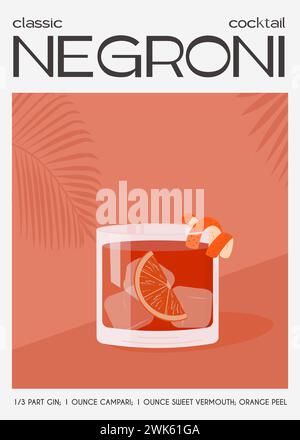 Negroni-Cocktail im altmodischen Glas mit Eis. Italienisches Sommeraperitif-Retro-Poster. Elegantes Drucken, Wandgemälde mit alkoholischen Getränken, dekoriert mit Stock Vektor