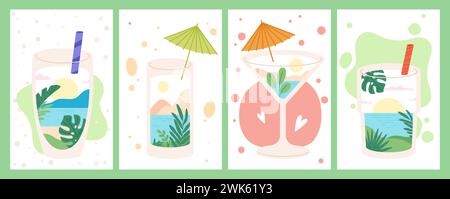 Poster für Sommercocktails. Abstrakte Karten mit Gläsern und verschiedenen Spritzern und Blasen. Cocktail Banner Design, Vektor stilvolle Hintergründe Vorlagen Stock Vektor