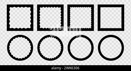 Set aus quadratischen und runden Foto- oder Bilderrahmen mit welligen inneren Rändern. Rahmen für Textfelder. Dekorationselemente isoliert auf weißem Hintergrund. Vektorgrafik. Stock Vektor