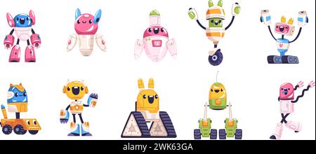 Kindliche Roboter. Lustiger Roboter Charakter für Kinder Spiel, Transformator Maschine lustige futuristische humanoide Cyborg Robotik Technologie, dumme android niedliche Raum Spielzeug Klasse Vektor Illustration von Roboter Cartoon Stock Vektor