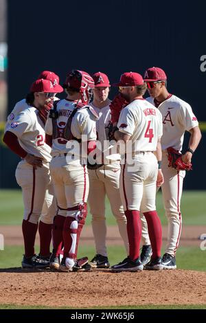 18. Februar 2024: Das Razorback-Infield versammelt sich um Pitcher Gabe Gaeckle #20 und der erste Baseman Jack Wagner #4 gibt Anweisungen. James Madison besiegte Arkansas 7-3 in Fayetteville, AR. Richey Miller/CSM Stockfoto