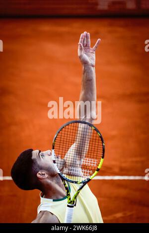 Buenos Aires, Argentinien. Februar 2024. Der Spanier Carlos Alcaraz spielt im Halbfinale des ATP-Turniers in Buenos Aires gegen den chilenischen Nicolas Jarry (nicht abgebildet). (Foto: Mariana Nedelcu /SOPA Images/SIPA USA) Credit: SIPA USA/Alamy Live News Stockfoto