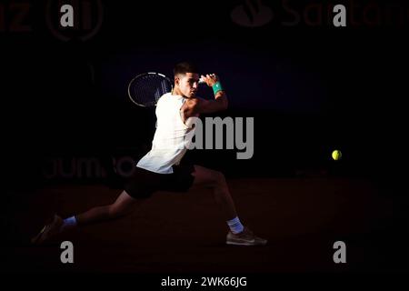 Buenos Aires, Argentinien. Februar 2024. Der Spanier Carlos Alcaraz spielt im Halbfinale des ATP-Turniers in Buenos Aires gegen den chilenischen Nicolas Jarry (nicht abgebildet). (Foto: Mariana Nedelcu /SOPA Images/SIPA USA) Credit: SIPA USA/Alamy Live News Stockfoto