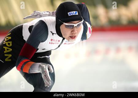 Yukino Yoshida (JPN) in Aktion auf 500m Frauen während der ISU Single Distance Championships am 16. Februar 2024 im Olympischen Oval in Calgary, Kanada Credit: SCS/Soenar Chamid/AFLO/Alamy Live News Stockfoto