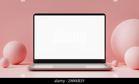 Homepage-Mockup mit Laptop auf minimalistischem abstraktem Hintergrund. 3D-Rendering Stockfoto