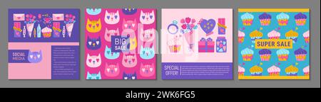 Cover oder quadratische Karte mit Valentinstag-Elementen. Broschüre Katalog sozialer Medien, Seitenhintergrund. Cartoon Hochzeit und Valentine Love Konzept Design Muster Flyer, Notizbuchplaner Broschüre, Buch Stock Vektor