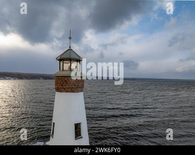 Winterfoto des Myers Point Lighthouse im Myers Park in Lansing NY, Tompkins County. Stockfoto