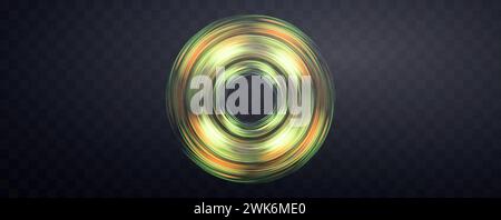 Grüner und orangefarbener magischer Ring. Zoom in Bewegungseffekt, glühende Linien, bunte Lichtspuren, Streifen. Abstrakter Lichteffekt auf einem dunklen Transparent Stock Vektor