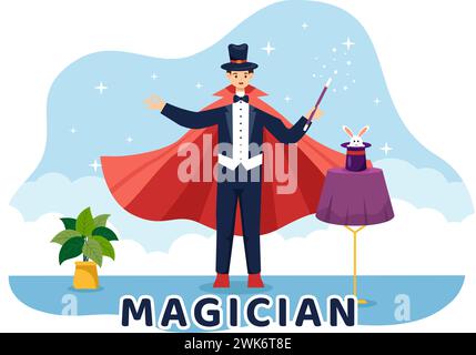 Magician Vector Illustration mit Illusionist, der Tricks beschwört und einen Zauberstab über seinem geheimnisvollen Hut auf einer Bühne in flachem Cartoon Hintergrund winkt Stock Vektor