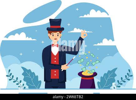 Magician Vector Illustration mit Illusionist, der Tricks beschwört und einen Zauberstab über seinem geheimnisvollen Hut auf einer Bühne in flachem Cartoon Hintergrund winkt Stock Vektor
