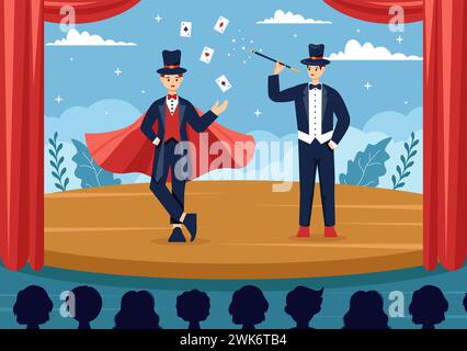 Magician Vector Illustration mit Illusionist, der Tricks beschwört und einen Zauberstab über seinem geheimnisvollen Hut auf einer Bühne in flachem Cartoon Hintergrund winkt Stock Vektor
