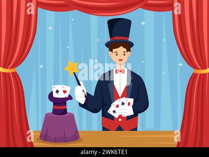 Magician Vector Illustration mit Illusionist, der Tricks beschwört und einen Zauberstab über seinem geheimnisvollen Hut auf einer Bühne in flachem Cartoon Hintergrund winkt Stock Vektor