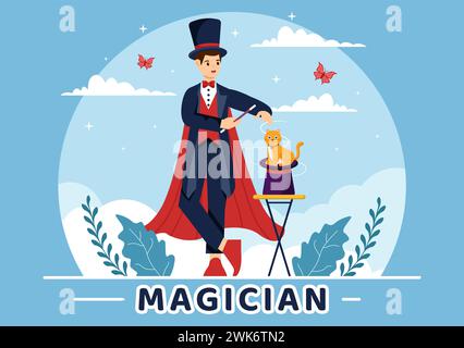 Magician Vector Illustration mit Illusionist, der Tricks beschwört und einen Zauberstab über seinem geheimnisvollen Hut auf einer Bühne in flachem Cartoon Hintergrund winkt Stock Vektor