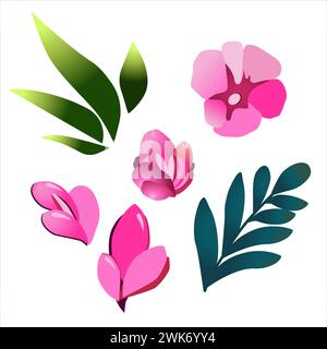 Einfache Vektoren handgezeichnete Blumen und Blatt. Rosafarbene Pflanzen in flachem Design. Isolierte Illustration für Logo-Design, Flyer, Banner, Poster, Kalender, gr Stock Vektor