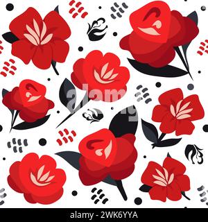 Nahtloses Vektormuster mit gezeichneten Blumen und Blättern. Roter schwarzer Hintergrund mit Pflanzen in flachem Design. Für Scrapbooking, Kinderkleidung, Kleid und Textil Stock Vektor