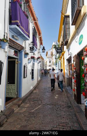 Fußgänger, Touristen, die durch enge Gassen laufen, Altstadt von Cordoba, Cordoba, Andalusien, Spanien Stockfoto