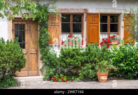 Hausfassade mit Holztür und Fensterläden umgeben von grünen Pflanzen und Blumen, Rheinland-Pfalz, Deutschland Stockfoto