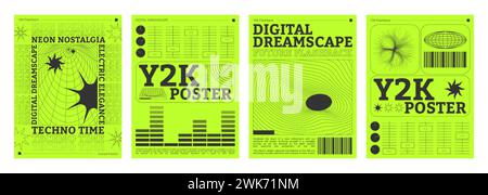 Poster-Designvorlage im trendigen y2k-Stil mit abstrakter saurer Oberfläche auf saurem neongrünem Hintergrund. Vector Retro 2000er Jahre ästhetische Cover Banner mit Wireframe psychedelischen Verzerrungsmuster. Stock Vektor