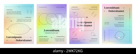 Poster- und Bannervorlage im y2k-Stil mit pastellfarbenen Farbverlaufshintergrund und einfachen geometrischen Gradlinien. Vektorsatz des Design-Layouts mit Hologramm-Regenbogeneffekt und Typografie. Stock Vektor