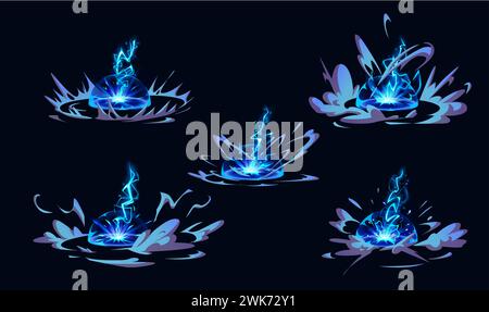 Blitz traf Boden oder Boden mit Burst vfx-Effekt. Zeichentrickvektor-Illustration Set von Donner Bolt mit Blitz und blauem Energielicht. Power Electric Strike mit Strahl- und Rauchwolken für Spieldesign. Stock Vektor