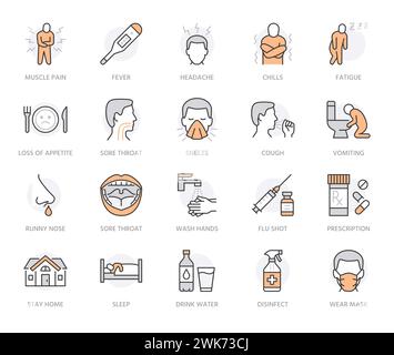 Prävention von Grippe-Erkrankungen, flache Symbole für Erkältungssymptome. Fieber Kopfschmerzen Niesen, Halsschmerzen Vektor-Illustrationen. Skizzieren Zeichen medizinische Gesundheitsversorgung Stock Vektor