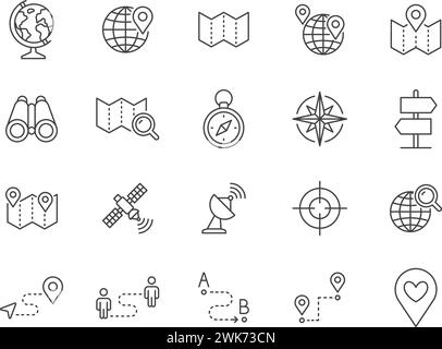 Symbolgruppe für Positionslinien. Kartenstift, gps, Route, Distanzmarkierung, Kompass, Satellitenschüssel, Windrose Umrissvektor-Illustration. Einfaches lineares Piktogramm Stock Vektor