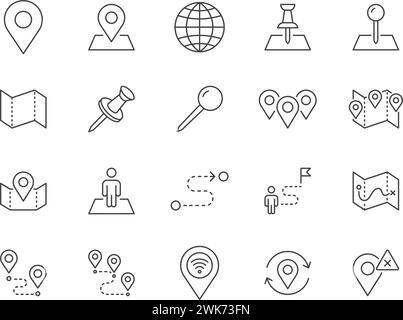 Symbolgruppe für Positionslinien. Kartenstift, gps-Signal, Route, Entfernungsmarkierung, Umrissvektorgrafik. Einfaches lineares Piktogramm für die Navigation. Bearbeitbar Stock Vektor
