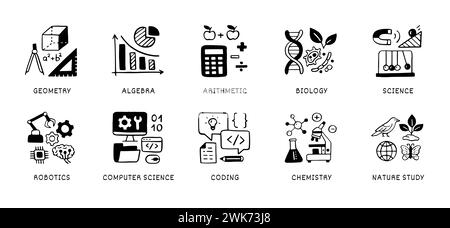 Naturwissenschaften Doodle-Symbol-Set. Schulfächer - Geometrie, Mathematik, Biologie, Chemie, Computer Education Line Hand gezeichnete Illustration Stock Vektor