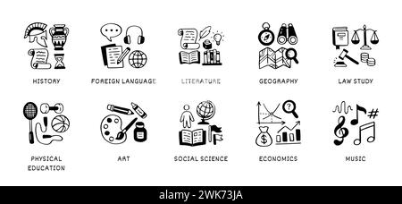 Humanitäre Wissenschaften Kritzelsymbol Set. Schulfächer - Geschichte, Sprache, Literatur, Geographie, Sportunterricht, handgezeichnete Illustrationen Stock Vektor