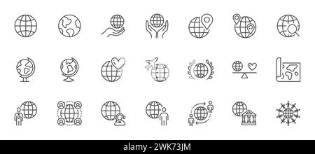 Symbolsatz für die Globus-Linie. Map Pin, Planet Erde, globales Geschäft, Weltreisen, Teamwork Umrissvektor Illustration. Einfaches lineares Piktogramm für Stock Vektor