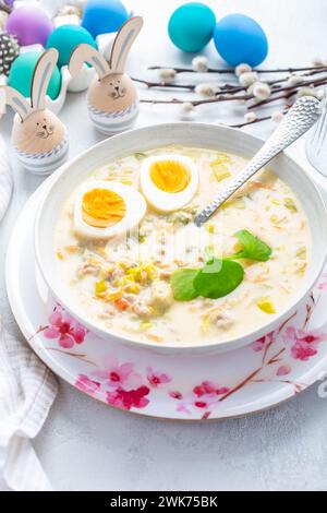 Hausgemachte polnische Ostersuppe mit Würstchen, hart gekochtem Ei und Gemüse in einer Schüssel Stockfoto