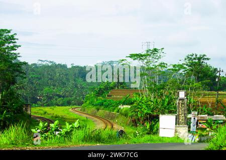Foto einer zweigleisigen Eisenbahn mit scharfen Kurven Stockfoto