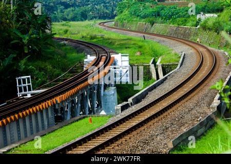 Foto einer zweigleisigen Eisenbahn mit scharfen Kurven Stockfoto