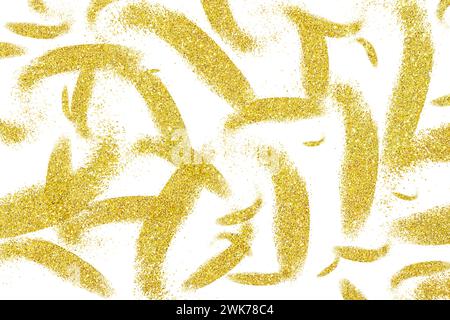 Goldene Glitzerpinselstriche auf weißem isoliertem Hintergrund. Abstrakter Hintergrund Stockfoto