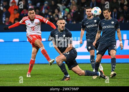 Bochum, Deutschland. Februar 2024. Jamal Musiala (1. L) von Bayern München schießt während des ersten Liga-Fußballspiels zwischen dem VfL Bochum und dem Bayern München in Bochum am 18. Februar 2024. Quelle: Ulrich Hufnagel/Xinhua/Alamy Live News Stockfoto