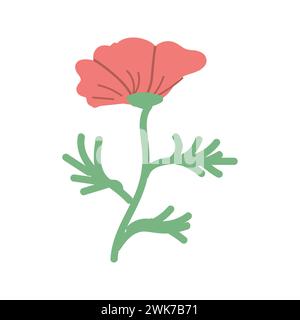 Hand gezeichnet Frühlingsblume roter Mohn mit Blättern Vektor Illustration. Kann für Dekorationsbanner, Grußkarte, Einladungsdekor verwendet werden. Stock Vektor