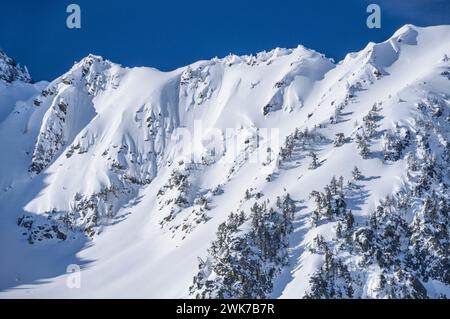 Schneereiche Berge nahe dem Bonaigua-Pass (Pallars Sobirà, Lérida, Katalonien, Spanien, Pyrenäen) Stockfoto