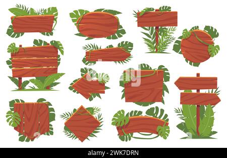 Holzschilder aus Dschungelspiel. Vintage-Planken mit exotischen Pflanzen und Blättern. Tropische Rahmen. Rustikale Cartoon-Banner. Palmenlaub und Lianen Stock Vektor